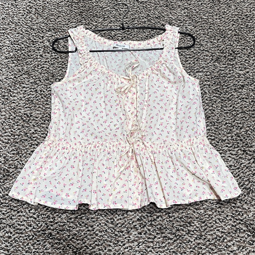 Madewell Cream and Pink Blouse with Ruffled Hem